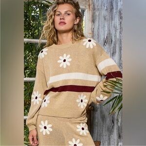 New POL Floral Beige Striped knit Sweater